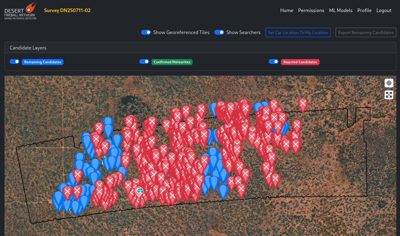 The Stage 4 map by the end of Day 1. Red are checked candidates, blue are un-checked, and the 'empty' areas are still undergoing Stage 1 processing.