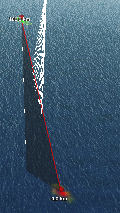 Close-up of the fireball astrometric line of sight. This is not a fit to the fireball data, this is a perfect match of two complete different observations!